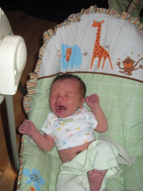 Colin crying in baby swing